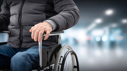 Obraz premium Detailed view of a senior man using a wheelchair, focusing on mobility and independence.
