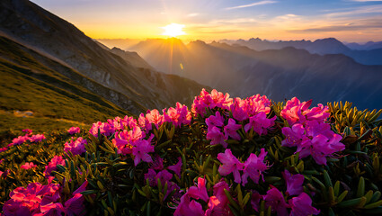 Obraz premium Vibrant pink flowers bloom brightly on a high mountain slope while the golden sun illuminates the majestic distant peaks.