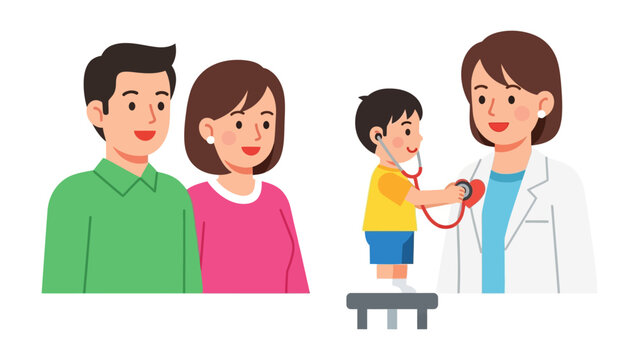 Child Doctor Checkup: A nurturing pediatric doctor examines a child's heart with care, under the watchful gaze of the parents, showcasing a scene of trust and well-being.