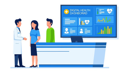 Digital Healthcare Consultation: A healthcare professional, in consultation with patients, stands before a digital health dashboard. © Azizun