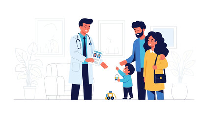 Doctor's Visit: a doctor shares a child's medical report with the family during a consultation at the clinic