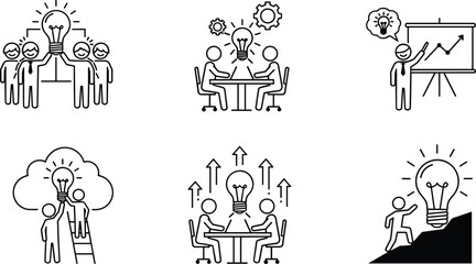 Fototapeta premium Business teamwork innovation icons set creative idea collaboration leadership strategy brainstorming success line art illustration isolated collection