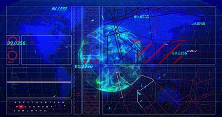 Naklejka premium Rendering central low-poly globe rotating on digital dashboard, with HUD panels, coded text