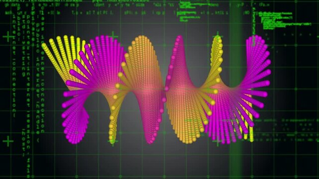 Particle count rising spheres clustering into helix ribbon, pulsing then breaking, showing data