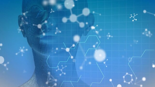 Neon hexes and bokeh starting shifting right, revealing wireframe head and visualizing health data