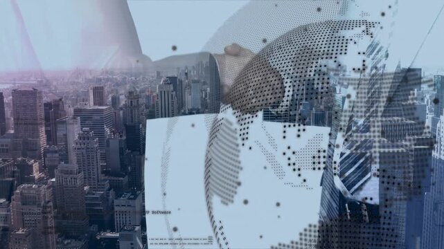 Hands nearing, two business partners clasping over doc, globe moving across city, forming alliance