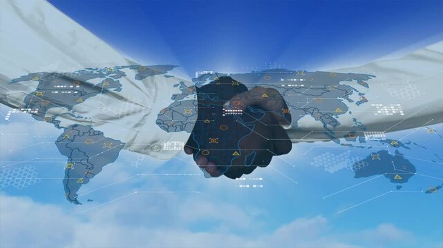 Arms entering frame, clasping hands while map fading in with icons emerging, conveying global ties