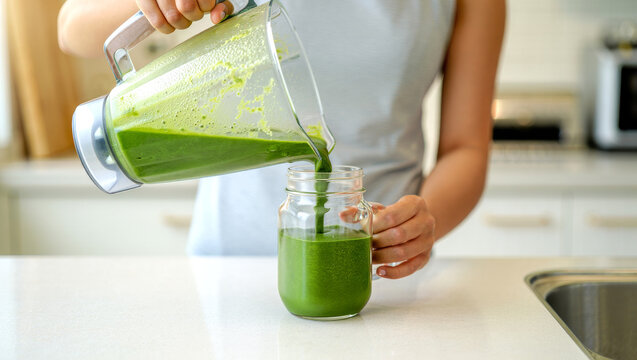 Close up of hands pouring green smoothie into glass jar in modern kitchen with natural light