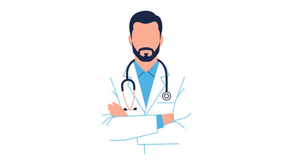 Fototapeta premium Doctor with Stethoscope: A stoic doctor in a white coat, bearing a stethoscope, stands ready to offer expert medical care.