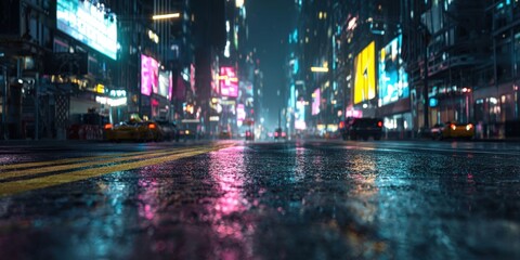 Obraz premium Urban City Center with Neon Reflections Under Night Lights