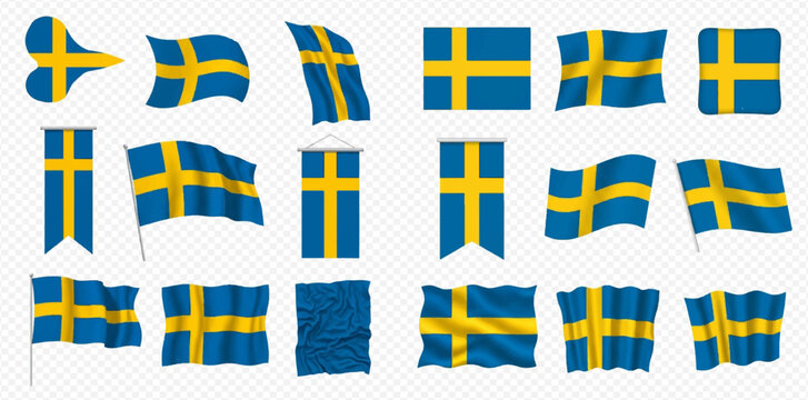 Set of Swedish flags in various shapes and waving styles on a transparent background, representing national pride and identity.
