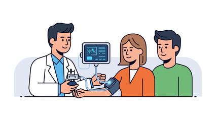 Medical Checkup: A skilled doctor examines a patient's vital signs, the couple stands attentively during a routine health check-up. The doctor is focused on their health and well-being. © Azizun