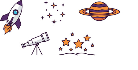 Astronomy and space exploration icon set with space rocket, telescope, Saturn planet, and sparkling stars. Cosmos discovery and science concept vector illustration. © Shahanaj