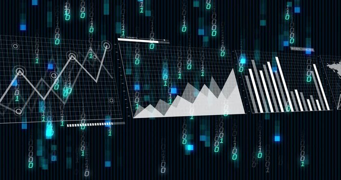 Binary digits falling, panels sliding, charts drawing and filling, visualizing holographic HUD