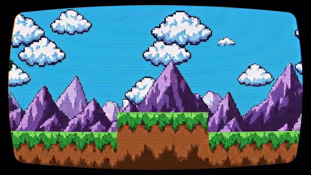 Pixelated 2D Side-Scrolling Video Game Landscape with Mountains Clouds and Platform