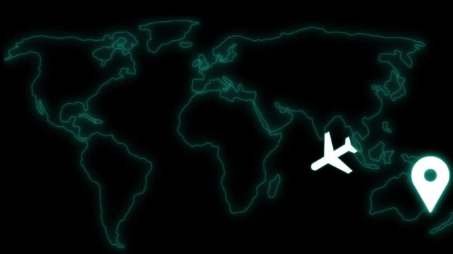 Minimalist world map with airplane and location pin animation