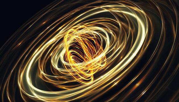 Abstract golden light swirls on black background　暗闇に渦巻く黄金の光のライン抽象背景　デジタルイラスト