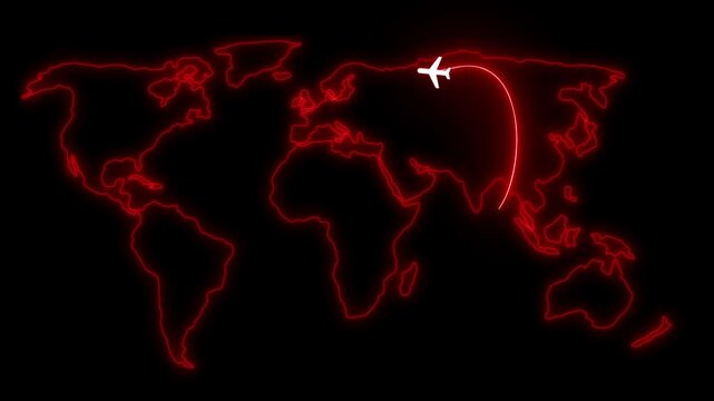 Glowing world map with airplane flight path animation