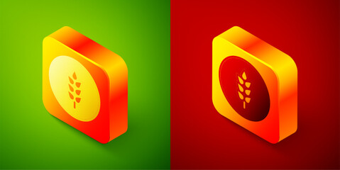 Isometric Cereals set with rice, wheat, corn, oats, rye, barley icon isolated on green and red background. Ears of wheat bread symbols. Square button. Vector