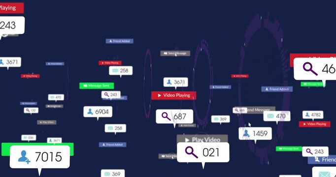 Search bubble appearing, central HUD emitting rings while badges floating, showing network activity