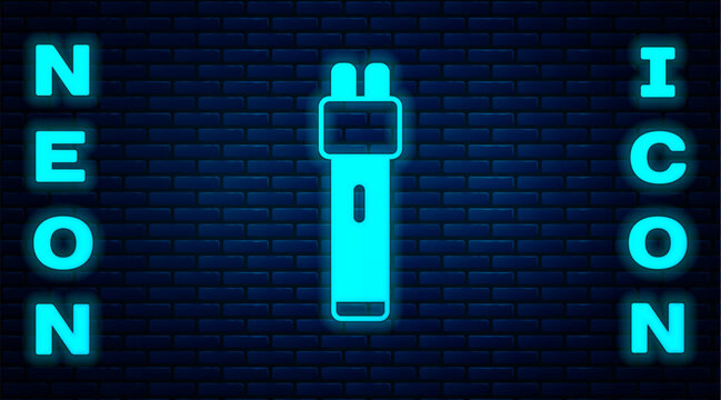 Glowing neon Police electric shocker icon isolated on brick wall background. Shocker for protection. Taser is an electric weapon. Vector