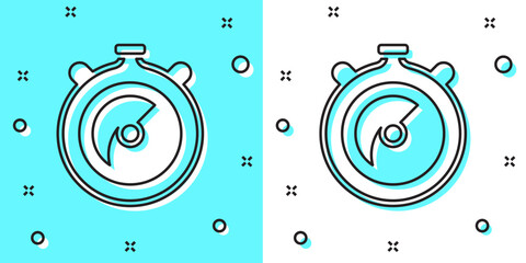 Obraz premium Black line Stopwatch icon isolated on green and white background. Time timer sign. Chronometer sign. Random dynamic shapes. Vector