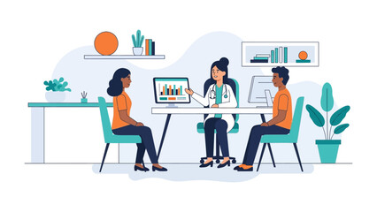Fototapeta premium Medical Consultation: A doctor is having a meeting with two patients in an office, discussing medical data on a computer screen