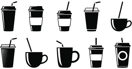 Set of coffee cup silhouettes with straws in various styles, modern coffee and beverage symbols for cafes, restaurants, digital menus, social media graphics, and coffee shop marketing materials.