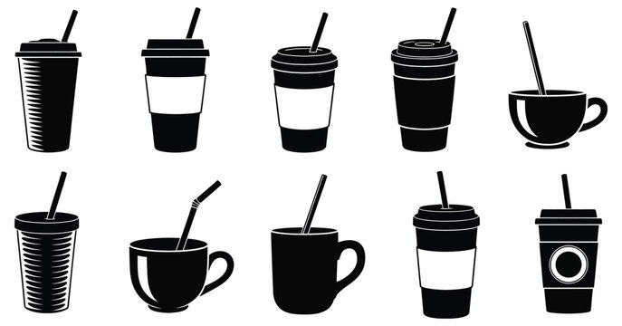 Set of coffee cup silhouettes with straws in various styles, flat and minimal beverage icons for coffee shops, cafes, takeaway drinks, menu design, and digital illustration projects.