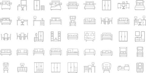 Collection of detailed furniture line drawings isolated on transparent background