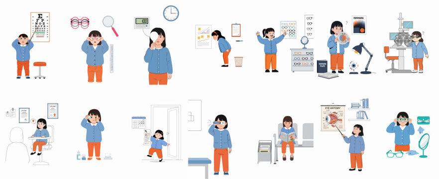 Eye Exam and Vision Care illustrations for Children: Optometry tests, eyeglasses fitting, color blind assessment, and eye health concepts.