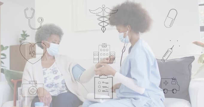 Patient extending arm, nurse operating cuff and stethoscope, reading BP, medical icons overlaying