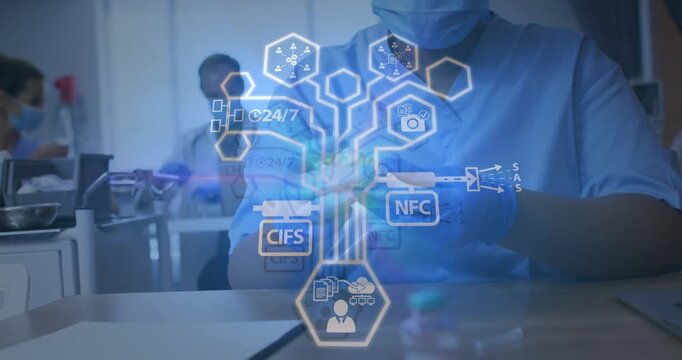 Female medical worker picking up vial and initiating hologram network linking it to patient records