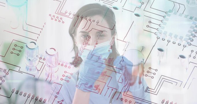 Nurse following medical test protocol adjusting gloves doing nasal swab capping vial PCB overlaying