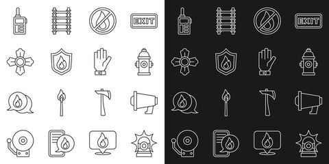 Set line Flasher siren, Megaphone, Fire hydrant, No fire, protection shield, Firefighter, Walkie talkie and gloves icon. Vector