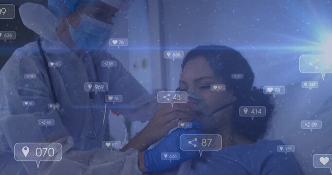 Medical clinician offering and adjusting mask to aid breathing, social icons floating over patient