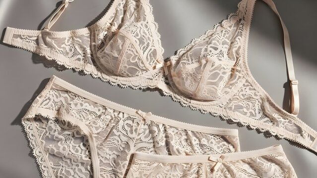 Delicate beige lace lingerie set, including a beautifully crafted bra and matching sheer panties, showcasing timeless elegance and intimate feminine comfort