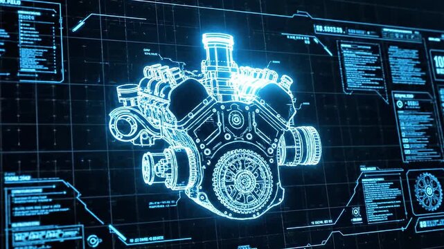 A blue neon-lit engine blueprint with intricate details on a dark grid background with various technical data and diagrams
