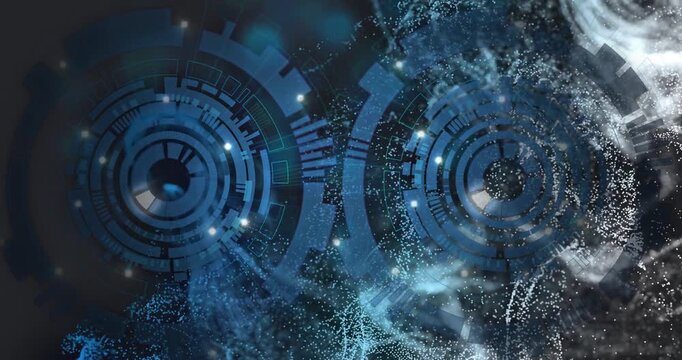 White particle stream entering right starting 2 concentric HUD rings rotating pulsing showing flow