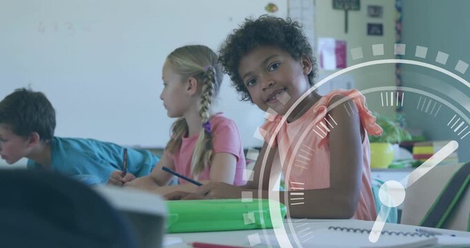 Girl writing at desk with green binder, HUD clock appearing on right, causing glance for classwork
