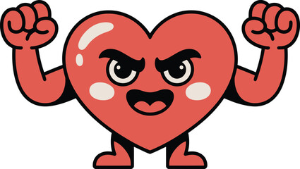 Obraz premium Angry red heart character flexing muscles cartoon
