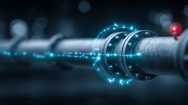 Industrial pipeline with digital overlay representing smart infrastructure monitoring and predictive maintenance.

