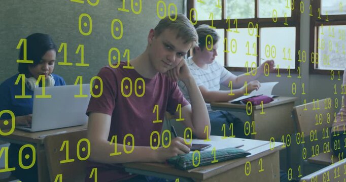 Male student seeing lens, sitting up writing education notes, binary digits overlay flowing above