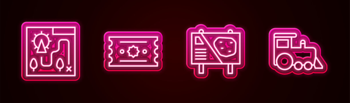 Set line Amusement park map, Ticket, billboard and Toy train. Glowing neon icon. Vector