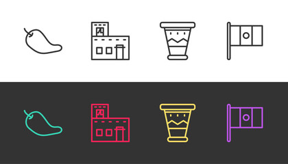 Set line Hot chili pepper pod, Mexican house, drum and Mexico flag on black and white. Vector