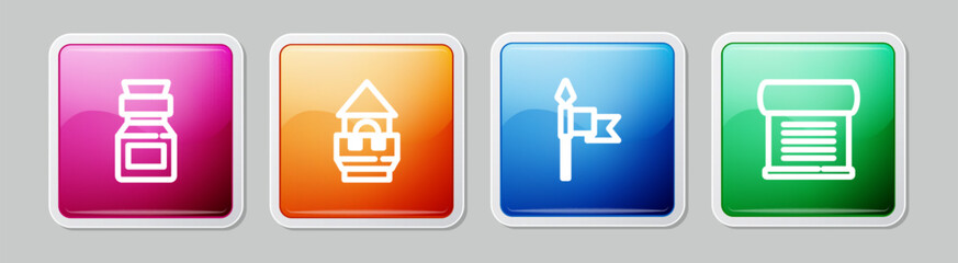 Fototapeta premium Set line Poison in bottle, Castle tower, Medieval spear and Decree, parchment, scroll. Colorful square button. Vector