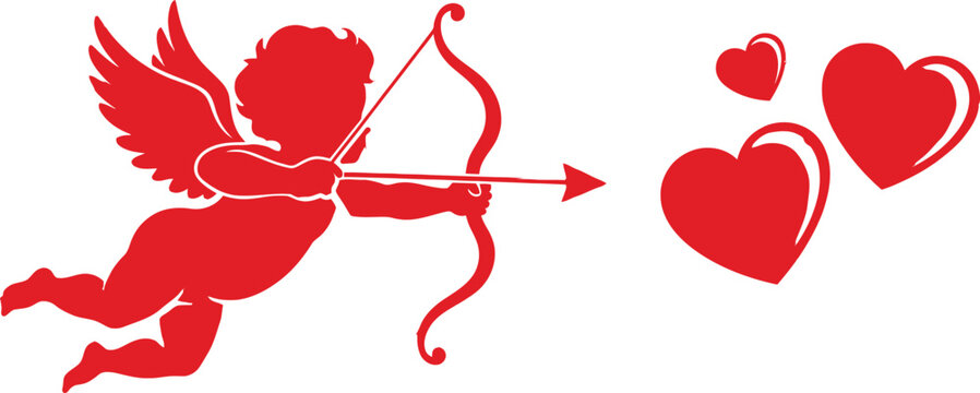 Red silhouette of cupid with bow and arrow shooting at red hearts on white background