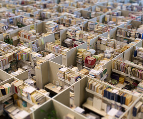 Fototapeta premium Office cubicles form conceptual maze stacked with paperwork and documents. Image of administrative and bureaucratic burden. 