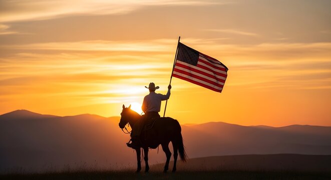 Patriotic cowboy riding horse with american flag at sunset