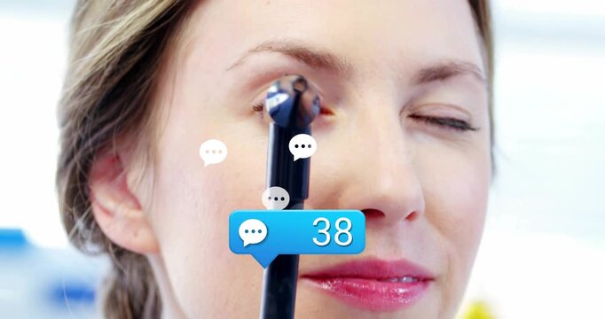 Clinician raising penlight toward right eye, chat count rising as penlight nears, testing pupil